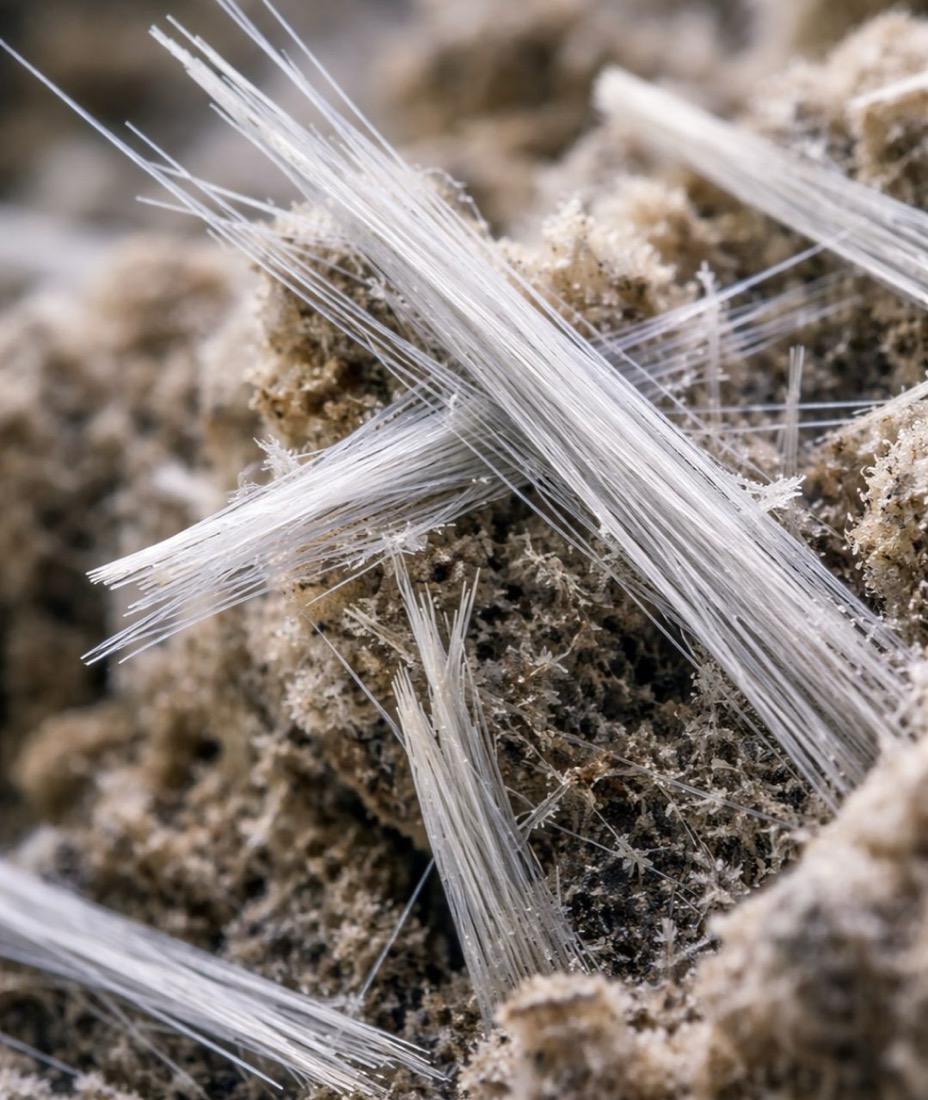 Close-up of fine white chrysotile asbestos fibre bundles running through a bulk building material sample