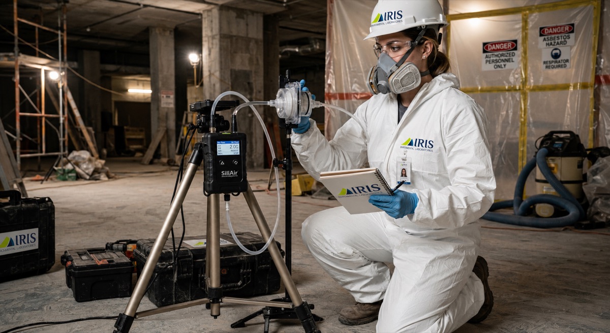 An IRIS field professional in coveralls and respirator logging readings beside a tripod-mounted air sampling pump inside an asbestos abatement containment area
