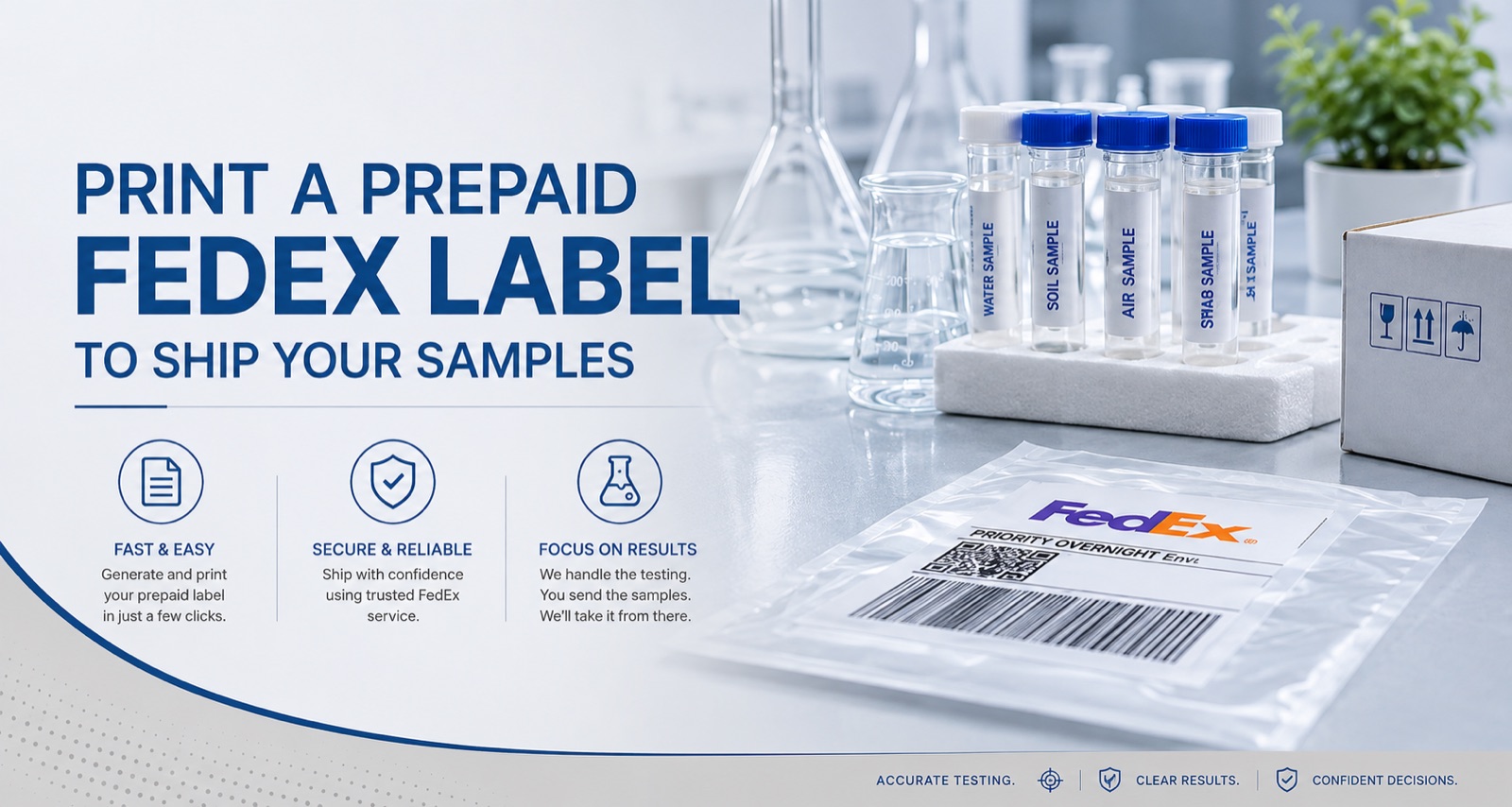 Print a prepaid FedEx label to ship your samples — fast & easy, secure & reliable, focus on results