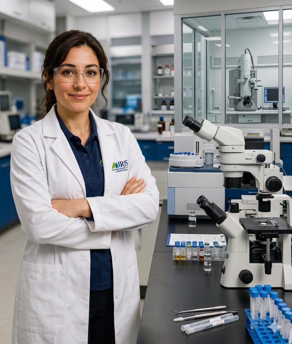 IRIS Laboratories scientist with microscopes in the Union, NJ analytical lab